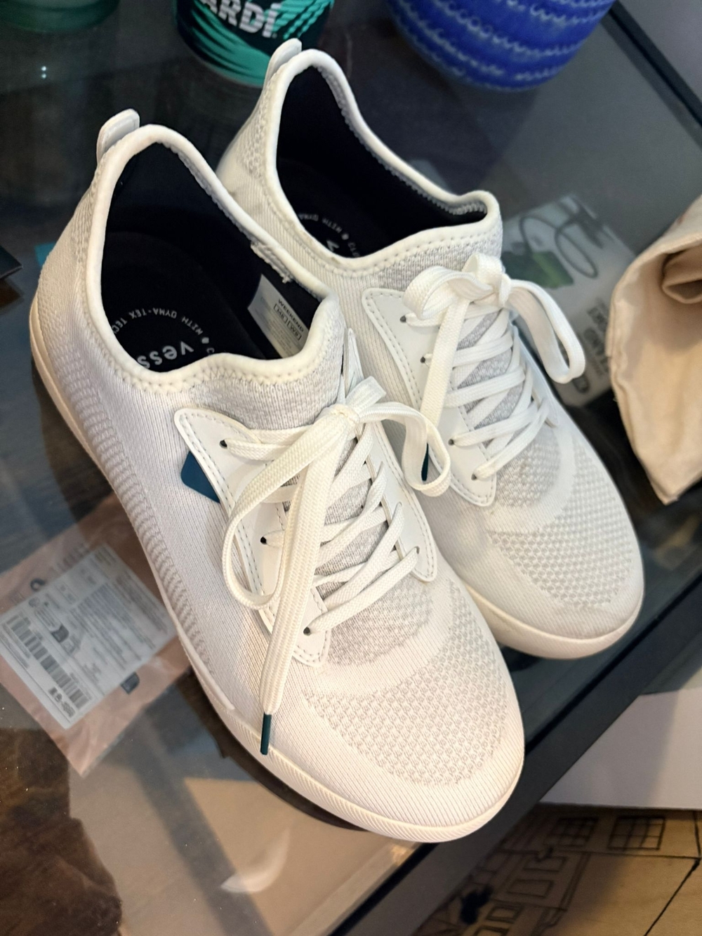 Vessi White Knit Lace-Up Sneakers with Teal Accent